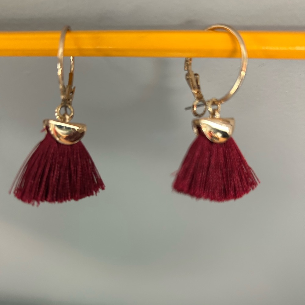 Elegant Gold and Burgundy Tassel Earrings - Picture 2 of 2